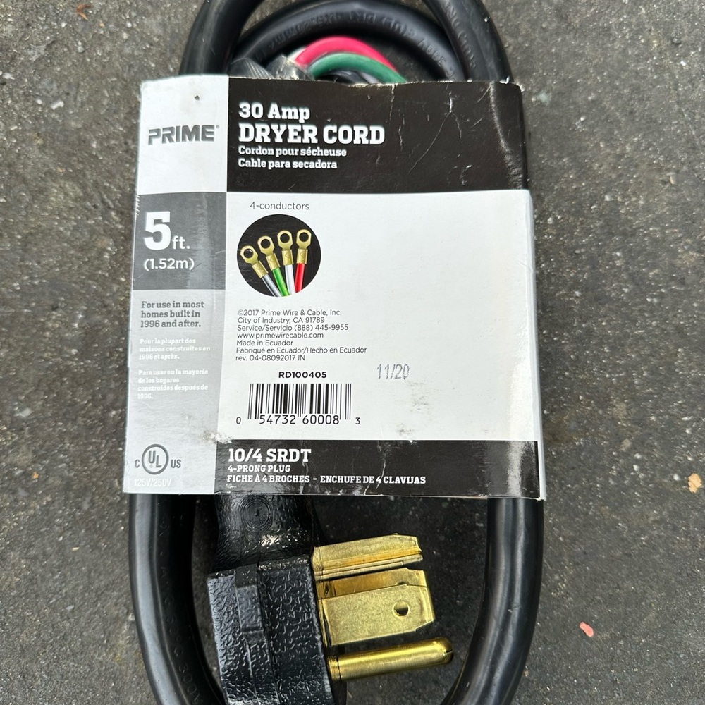 Black Dryer Cord - 5 ft